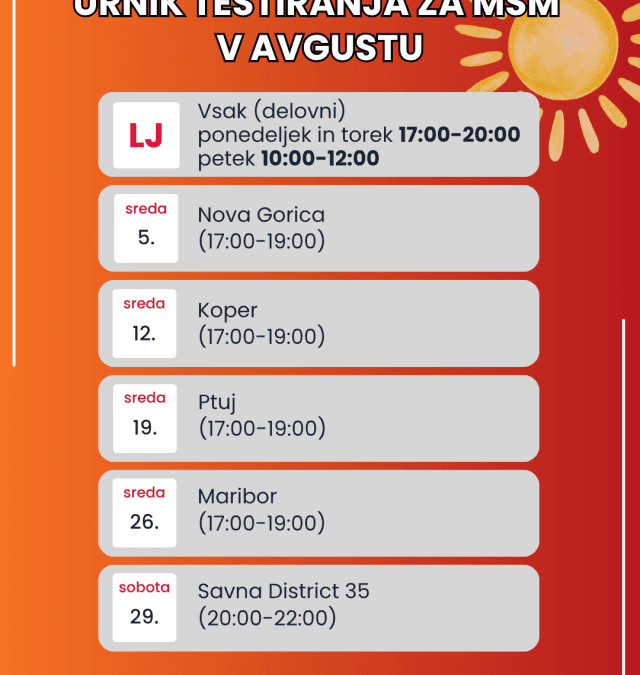 Urnik testiranj na spolno prenosljive okužbe in hiv: avgust