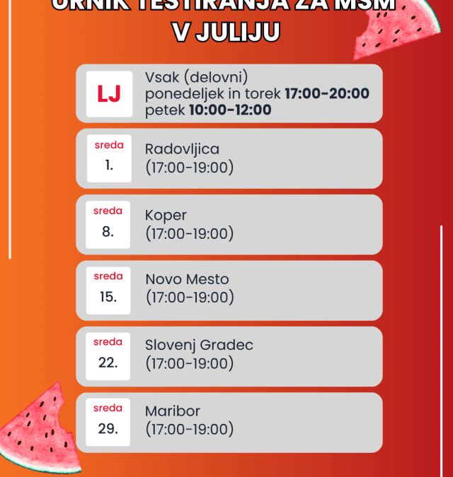 Urnik testiranj na spolno prenosljive okužbe in hiv: julij